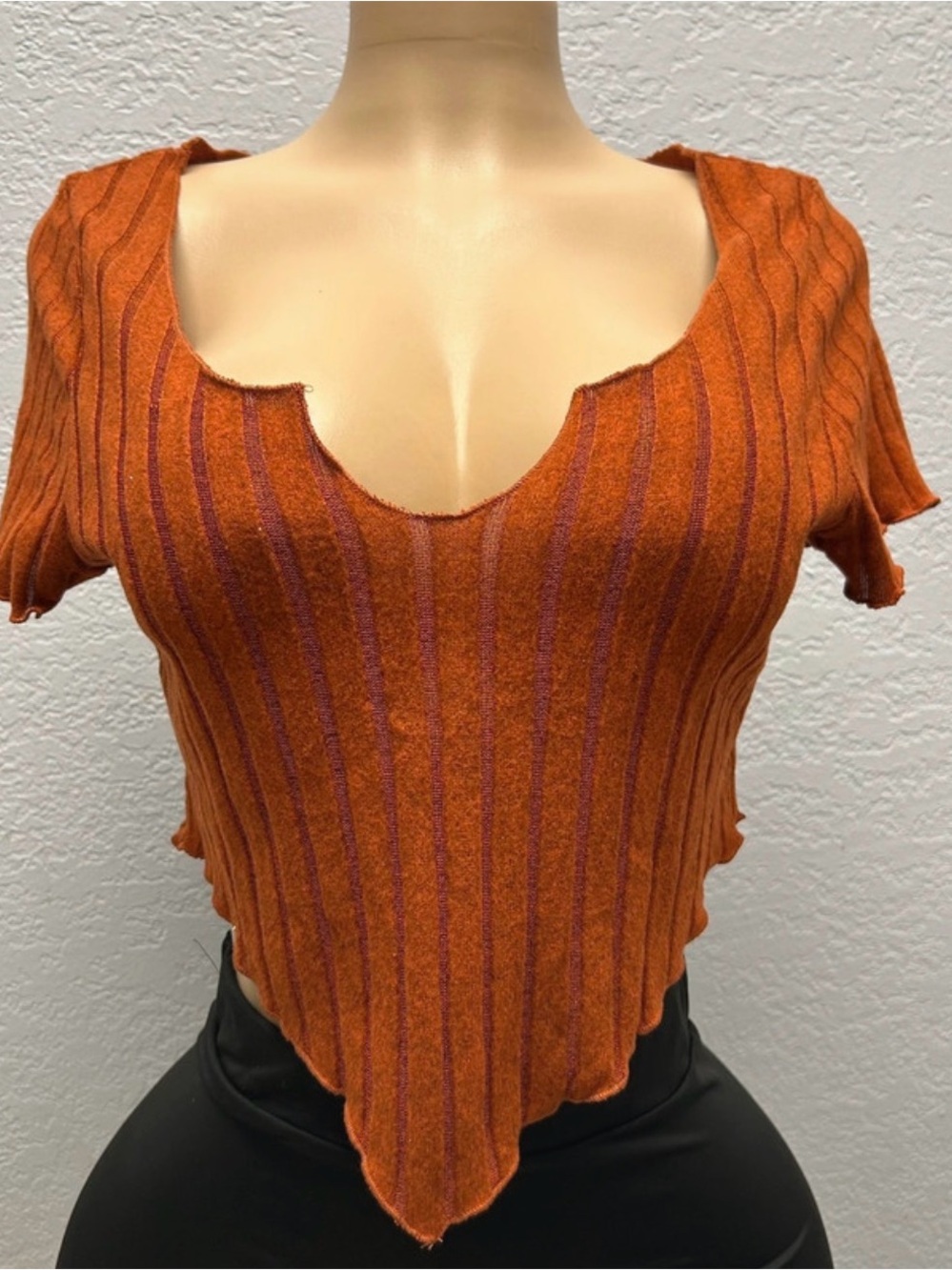 SHEIN Rust Orange Ribbed Point-Hem Crop Top